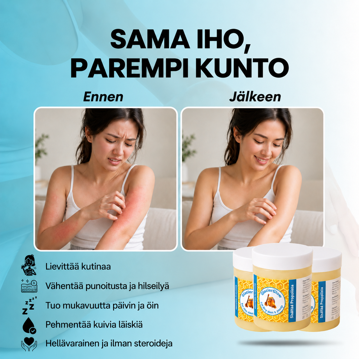 GlacierGlow™ | Pysäytä ihottuman & psoriaasin aiheuttama kutina ja rauhoita ärtynyt iho. Näkyvä vaikutus 14 päivässä!
